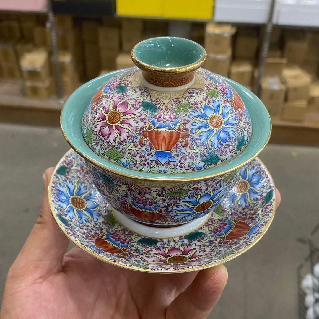 中国茶器 琺瑯彩錦繡纏蓮蓋碗 景徳镇 蓋付き茶器 飲茶食器 煎茶具 未使用品