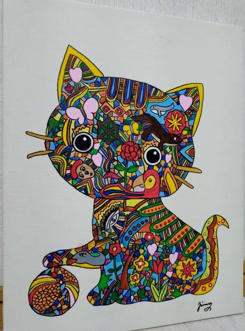 【F6号】ジミー大西【Cat】手描き作品/表裏サイン/油彩/アクリル/絵画/額縁