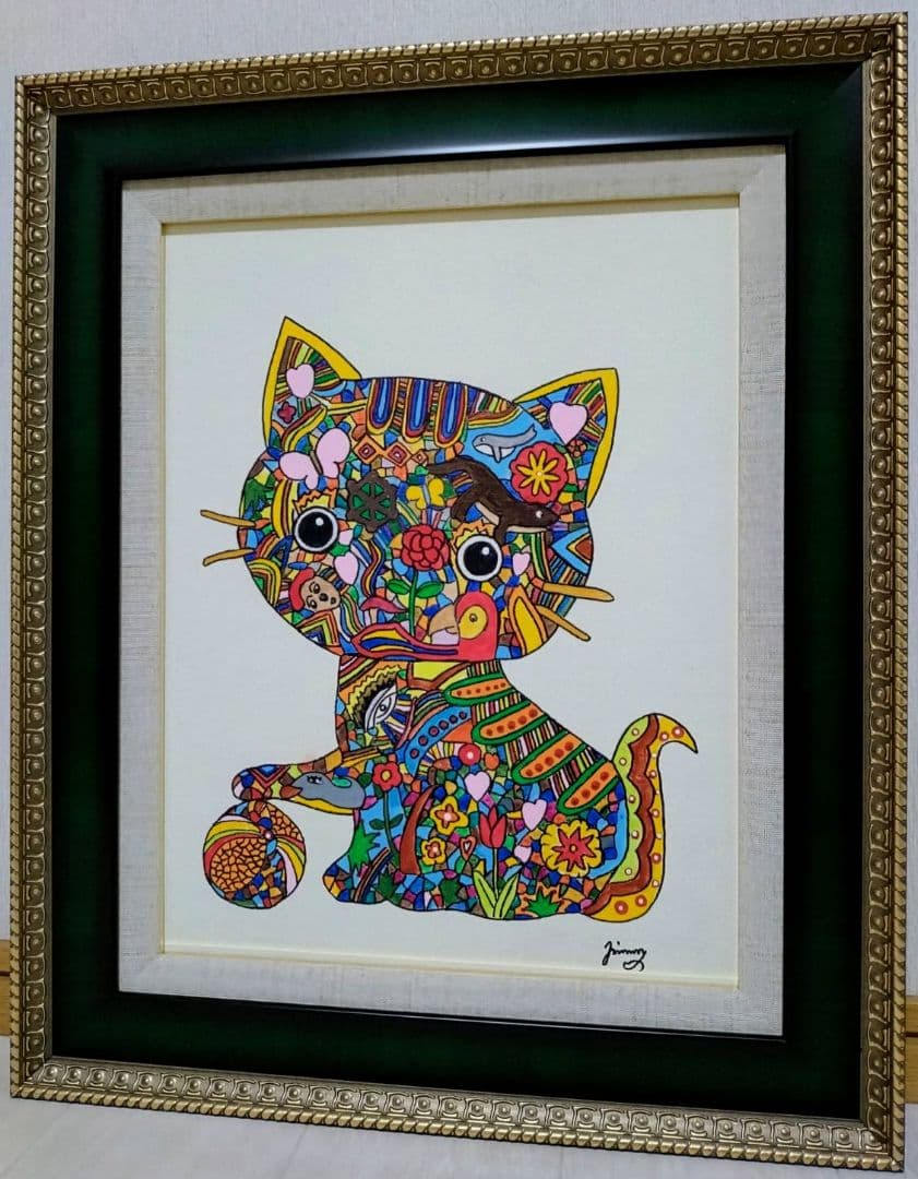 【F6号】ジミー大西【Cat】手描き作品/表裏サイン/油彩/アクリル/絵画/額縁