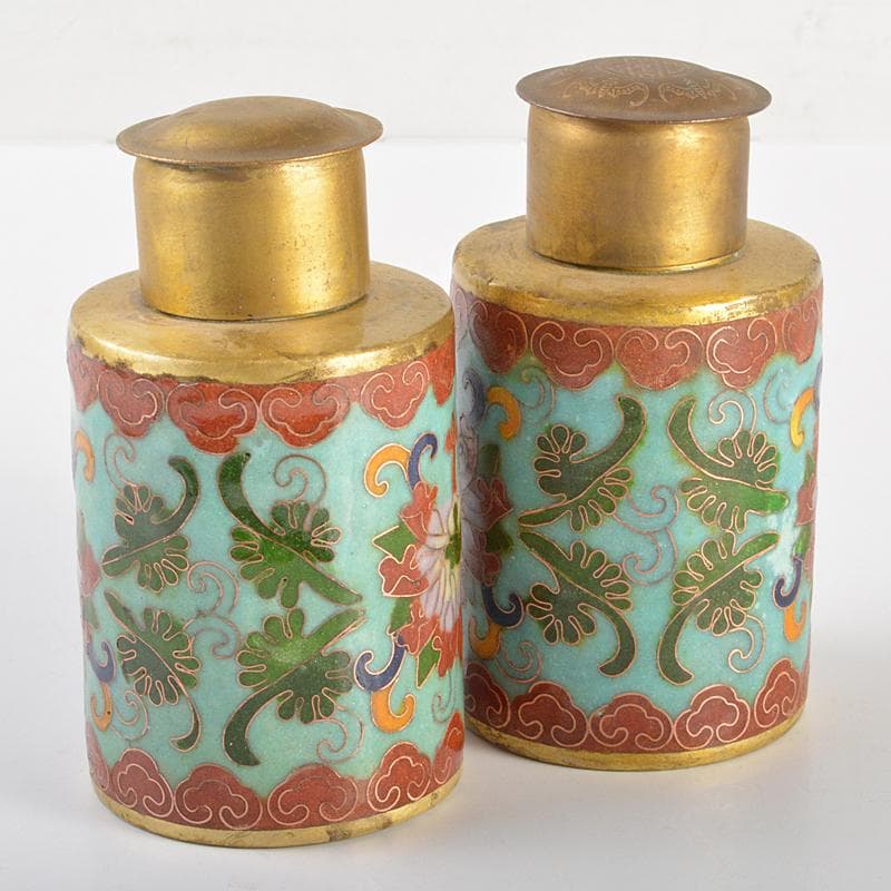 中国　古七宝琺瑯彩　花文　茶入　一對　M　R6636