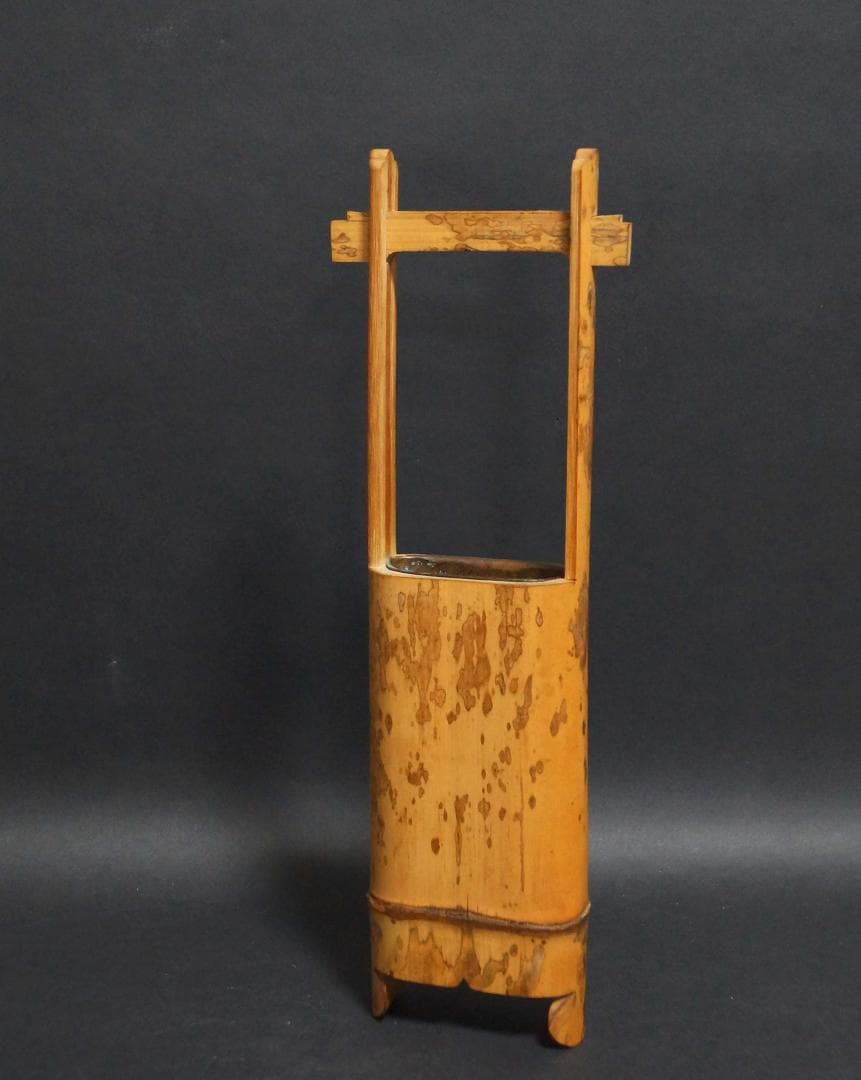 茶道具 斑竹 桶扁形造形 壁掛花入 華入れ 花入 銅製筒入★