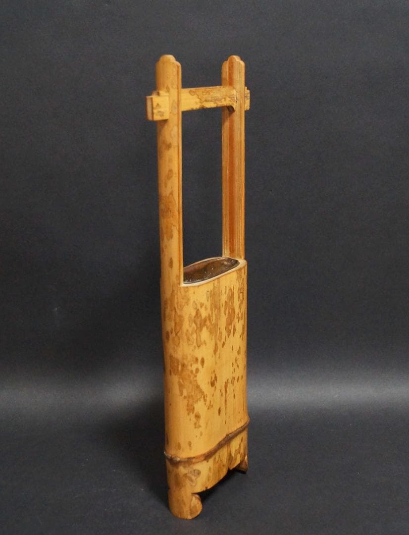 茶道具 斑竹 桶扁形造形 壁掛花入 華入れ 花入 銅製筒入★