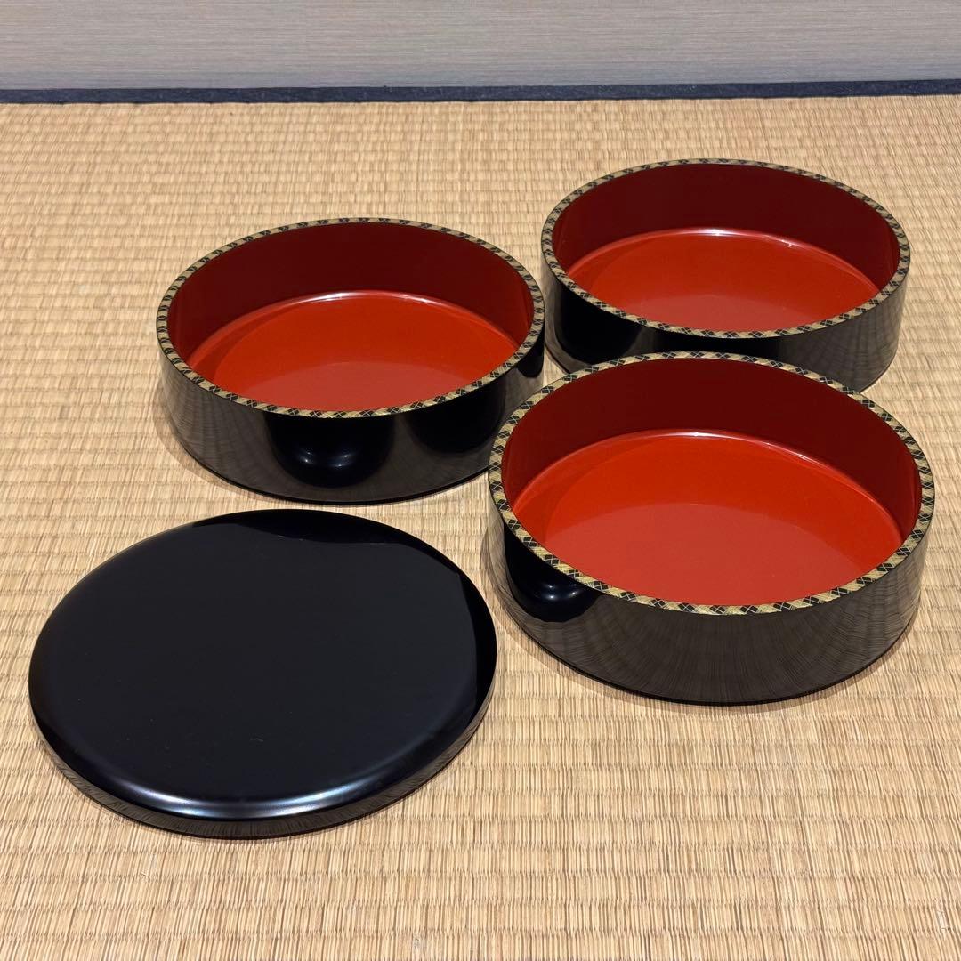 輪島塗 池盛漆器謹製 本堅地 網代沈金 丸重 共箱 美品