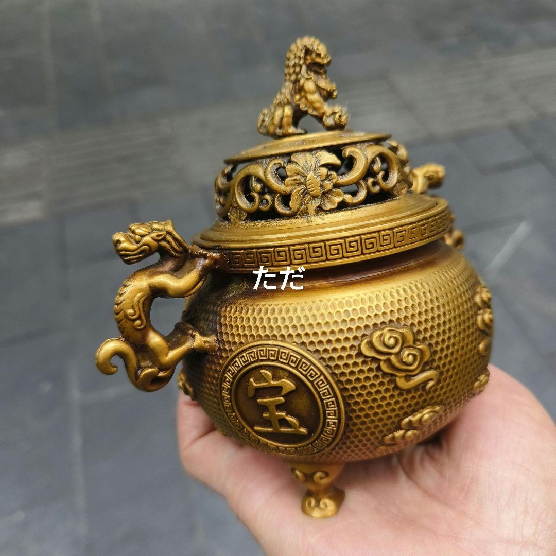 銅器 獅子蓋聚宝盆双耳三足香炉 銅炉 室内薫香炉 工芸品 置物