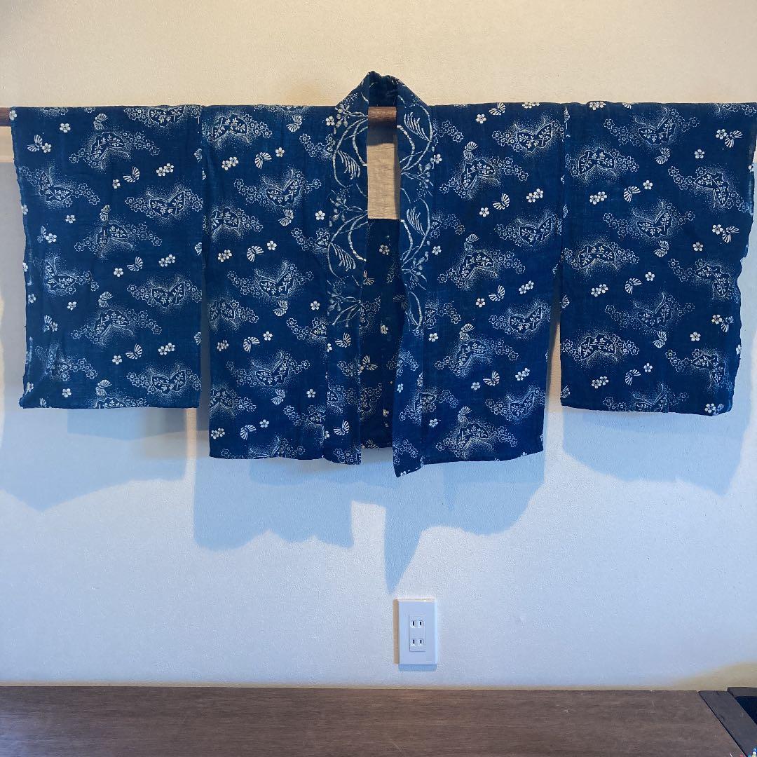 古布　半襦袢　両面染め　型染　藍染　蝶々　桜