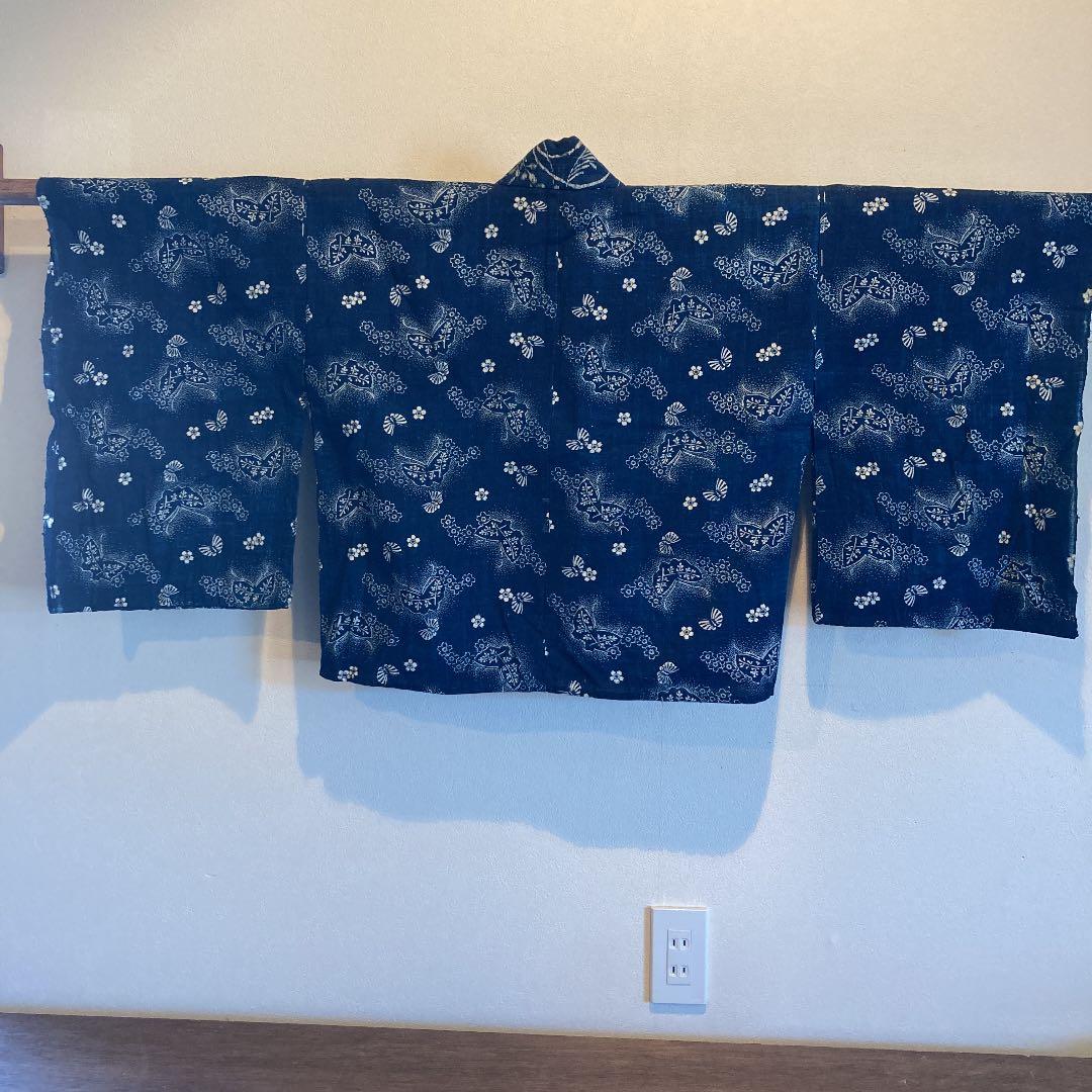古布　半襦袢　両面染め　型染　藍染　蝶々　桜