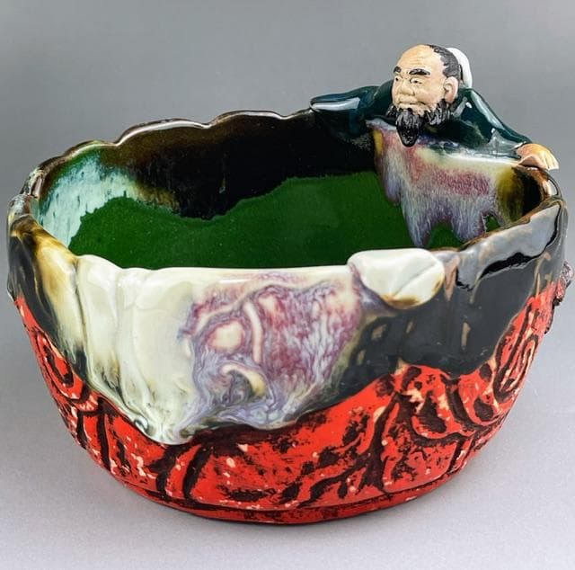 【希少】隅田焼 高浮彫人物立体造形焼物 明治期 ボウル トレイ 深皿 井上良斎