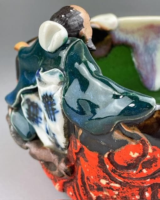 【希少】隅田焼 高浮彫人物立体造形焼物 明治期 ボウル トレイ 深皿 井上良斎