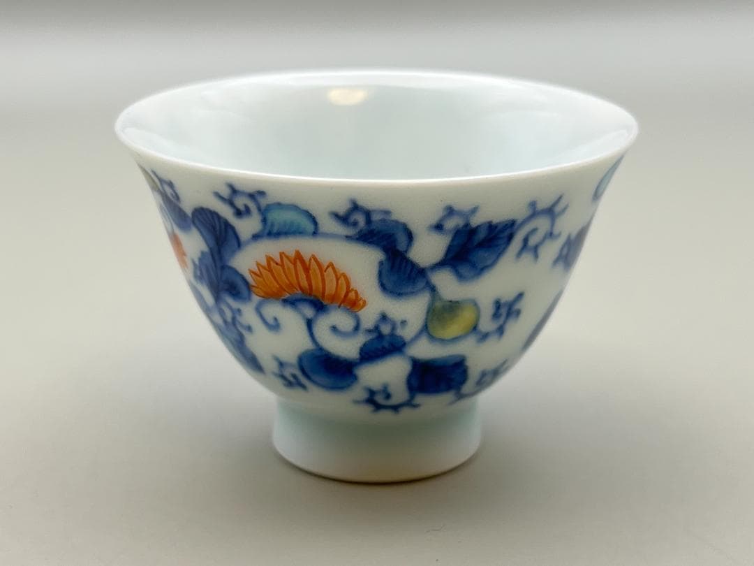 【海】古染付　清時代　豆彩　缠枝莲文茶杯　「長春」在銘　５客　骨董品 中国美術品