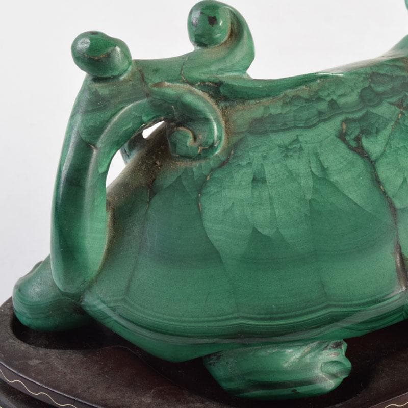 中国　玉石孔雀石マラカイト彫刻　神獣　置物　約896g　唐木台付　V　9009