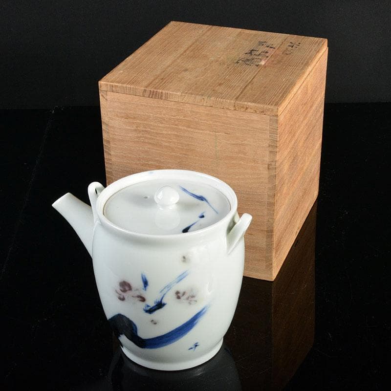 日本画家　郷倉千靱作　染付釉裏紅　花文　急須　共箱　M　R4346