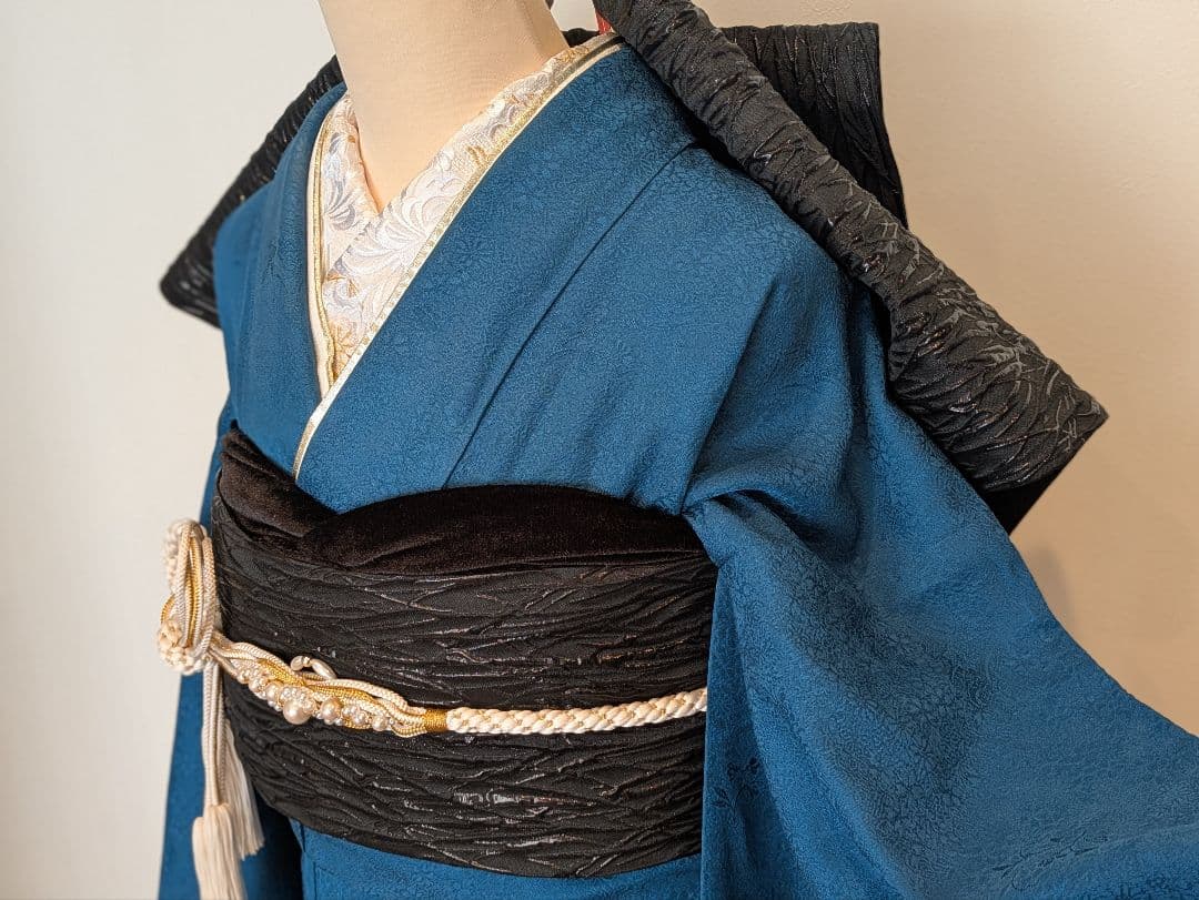 振袖フルセット 身丈152裄64 色無地振袖 青藍色 地紋 やまと誂え 成人式