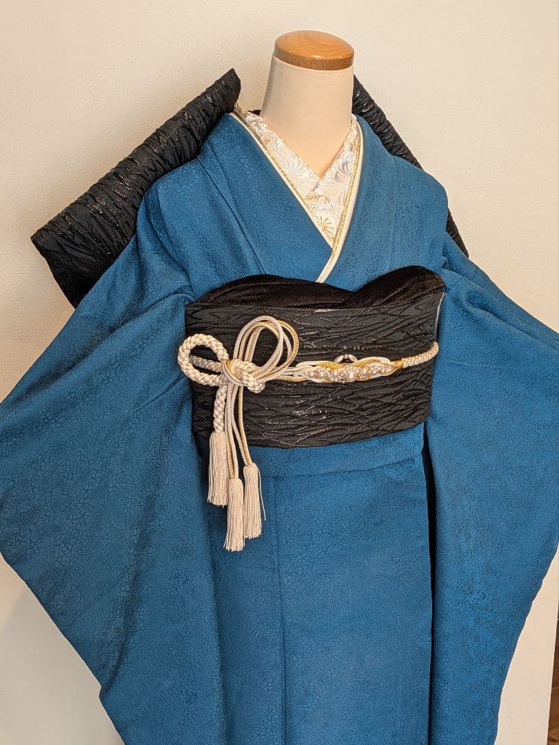 振袖フルセット 身丈152裄64 色無地振袖 青藍色 地紋 やまと誂え 成人式