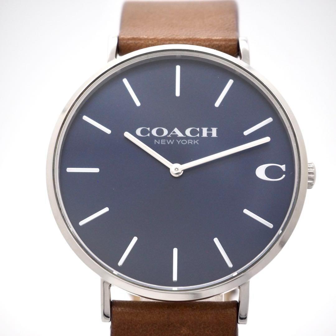 713【美品】COACH　メンズ　時計　ネイビー　ブルー　箱付き　ブラウン