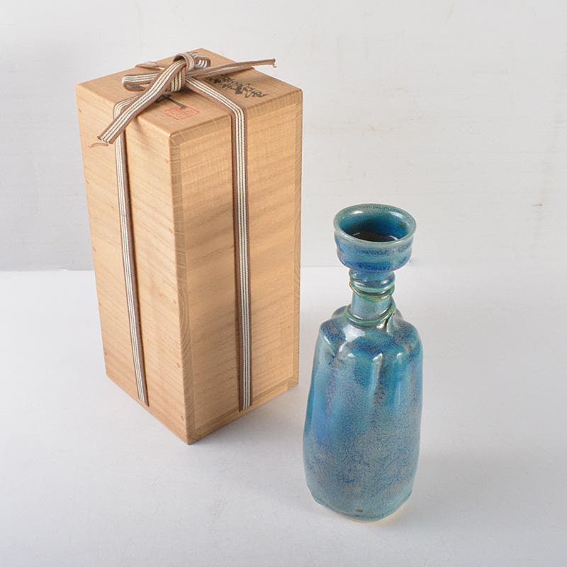 人間国宝　加藤卓男作　青釉　鶴首花生　花瓶 　一輪挿し　共箱　L　R5428