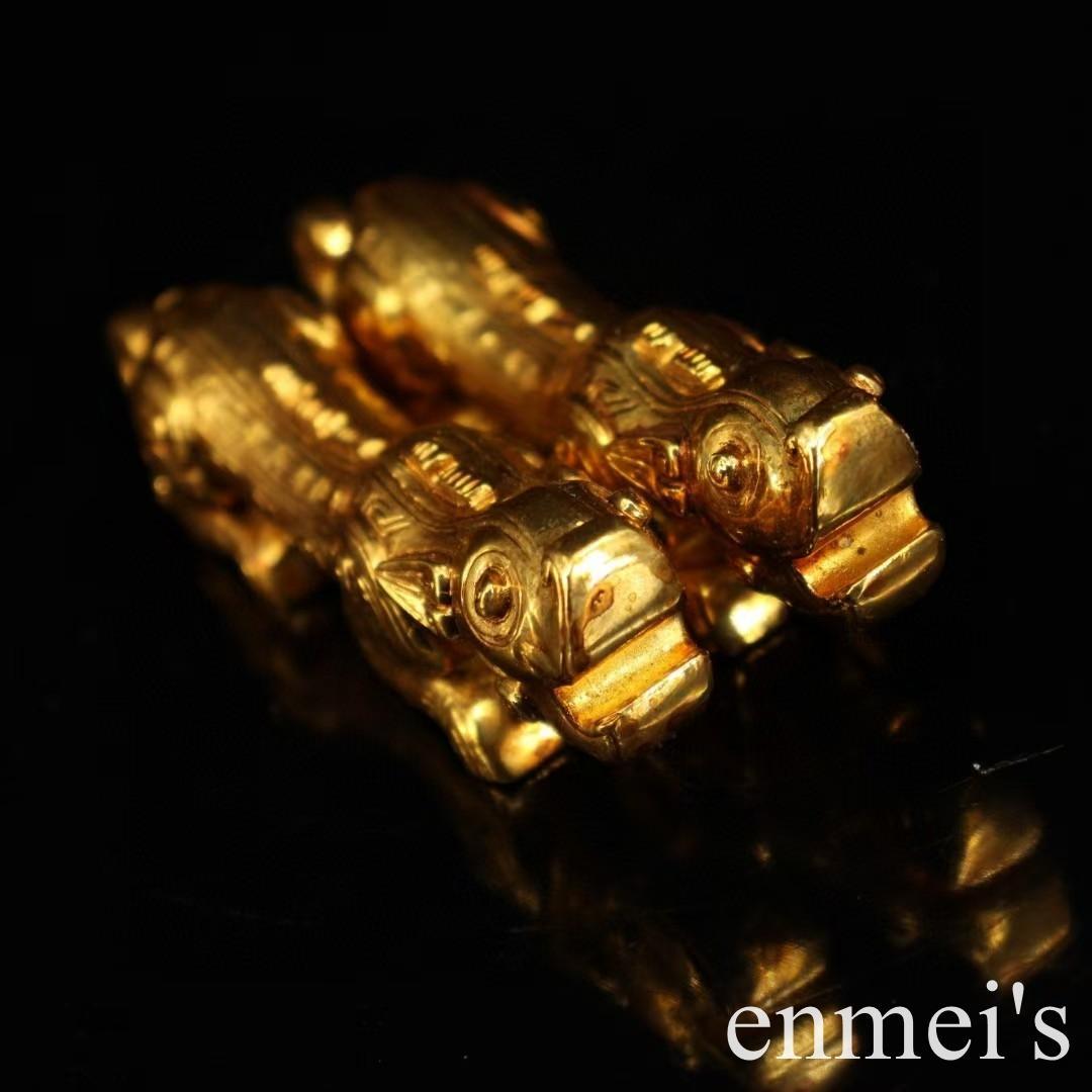 中国古美術・旧蔵鎏金の虎符セット・兵符・純銅製・高浮彫・置物・文房具・風水開運