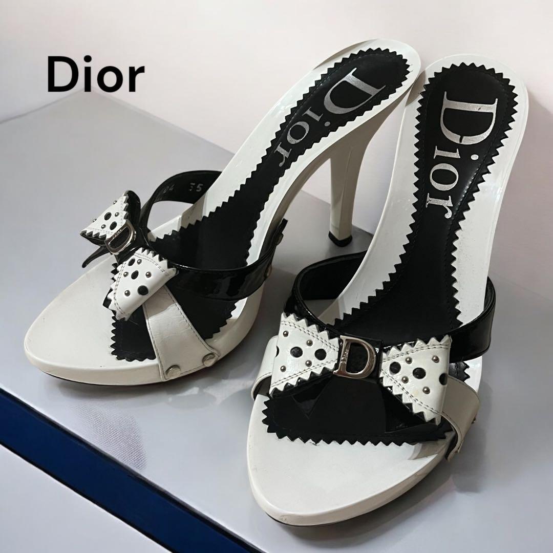 Dior ディオール ミュール サンダル 白黒 35 ロゴ リボン レディース
