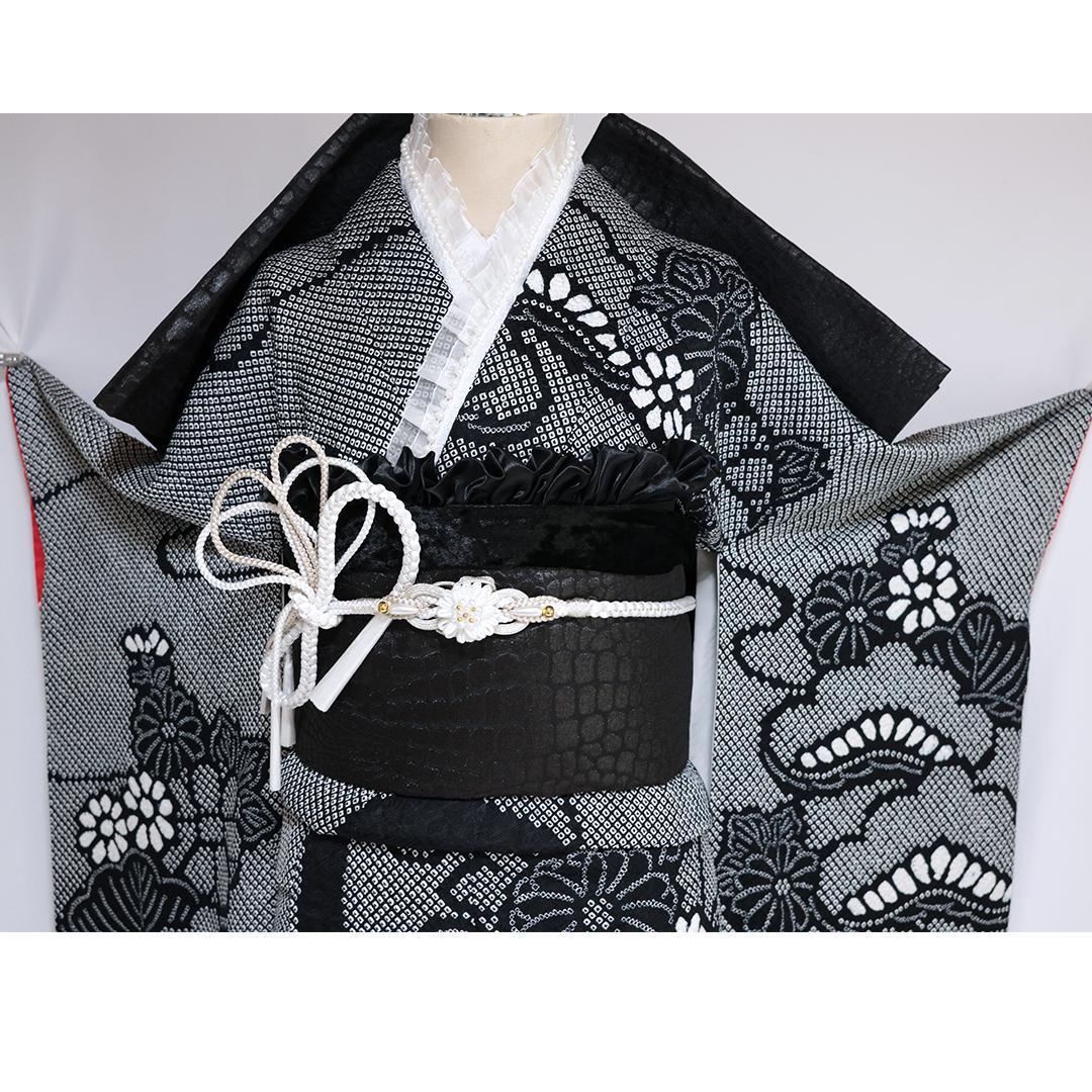 【美品】総絞り白黒振袖7点セット161cm帯新品帯締めフルセット成人式TB28