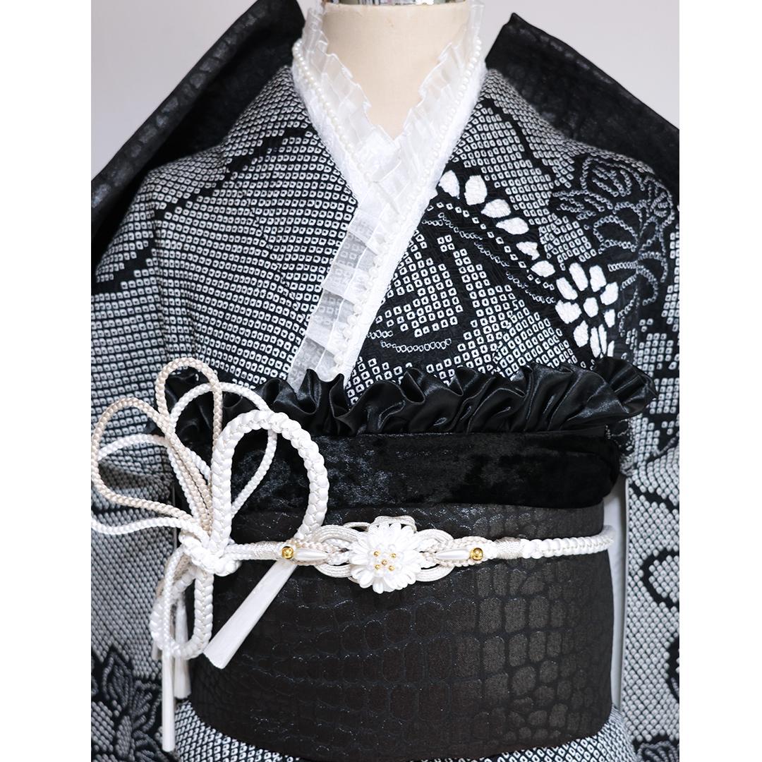 【美品】総絞り白黒振袖7点セット161cm帯新品帯締めフルセット成人式TB28