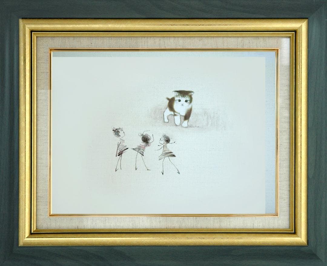 油絵 菅家令子 絵 絵画インテリア額付(銀) F4-090218子猫女の子蟻さん