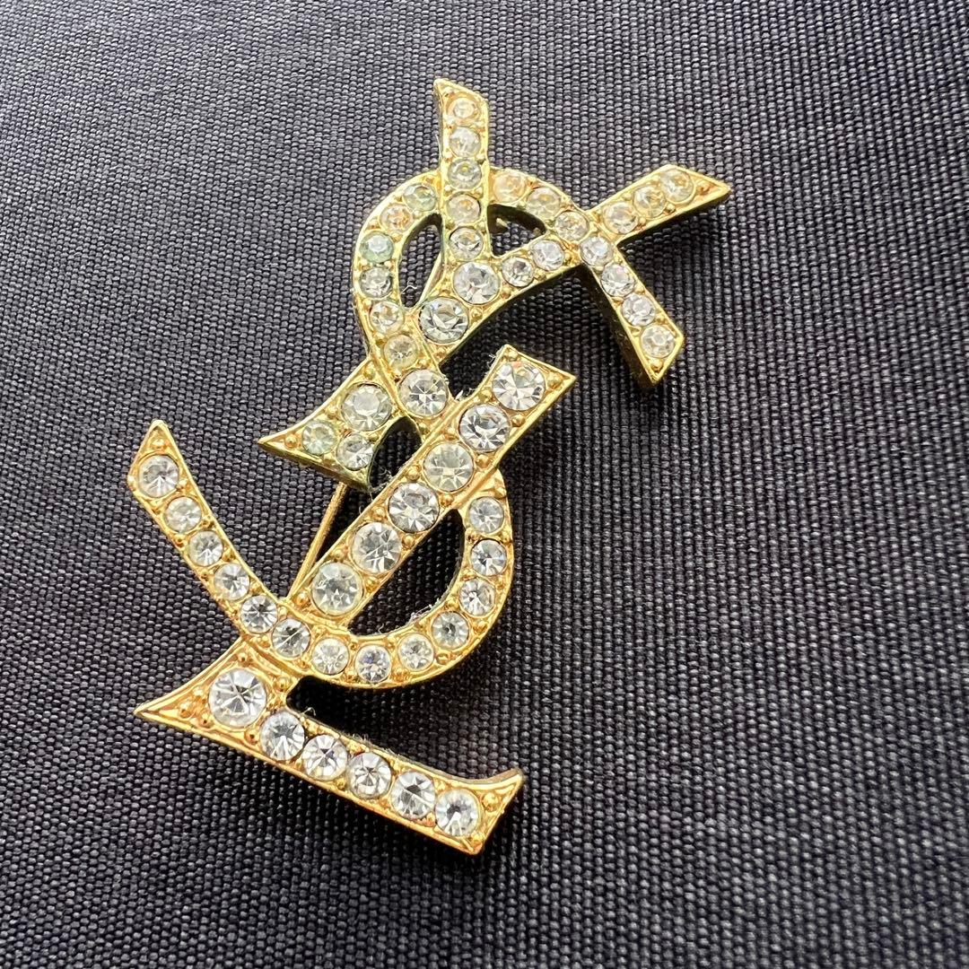 美品✨イヴサンローラン ブローチ ラインストーン YSL ロゴ ゴールド