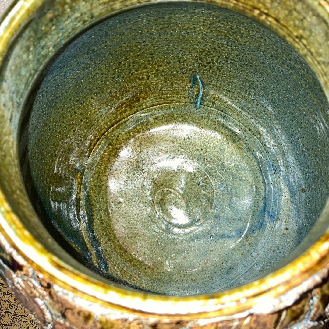 瀬戸焼　末広窯　中島翁介　緑釉花瓶　飾り壺　特大　高さ32㌢　烈紋