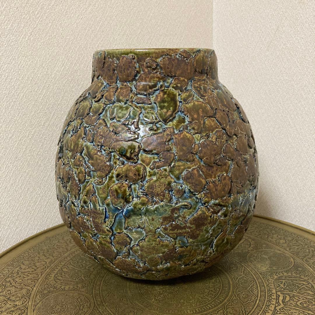 瀬戸焼　末広窯　中島翁介　緑釉花瓶　飾り壺　特大　高さ32㌢　烈紋