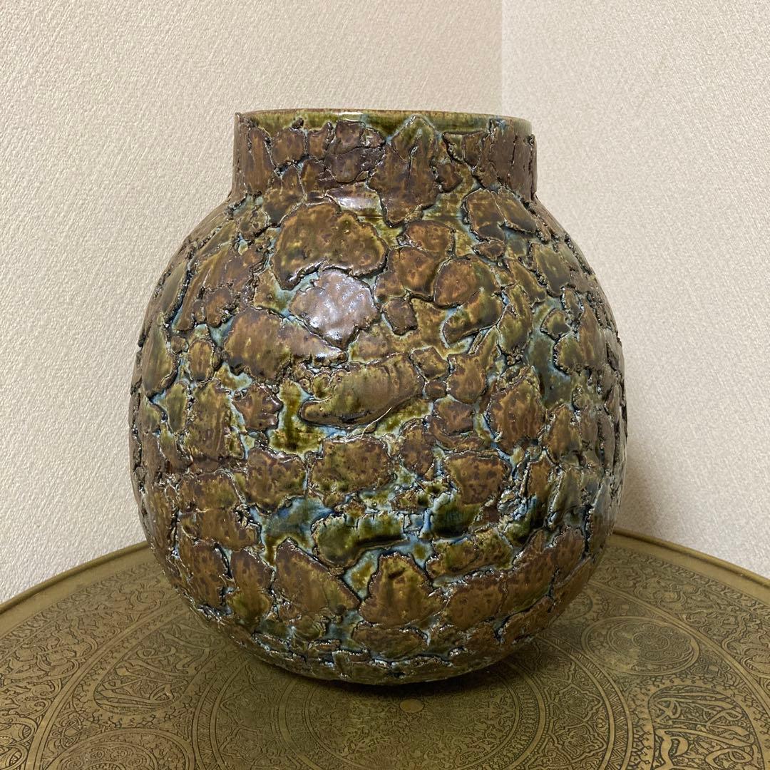 瀬戸焼　末広窯　中島翁介　緑釉花瓶　飾り壺　特大　高さ32㌢　烈紋