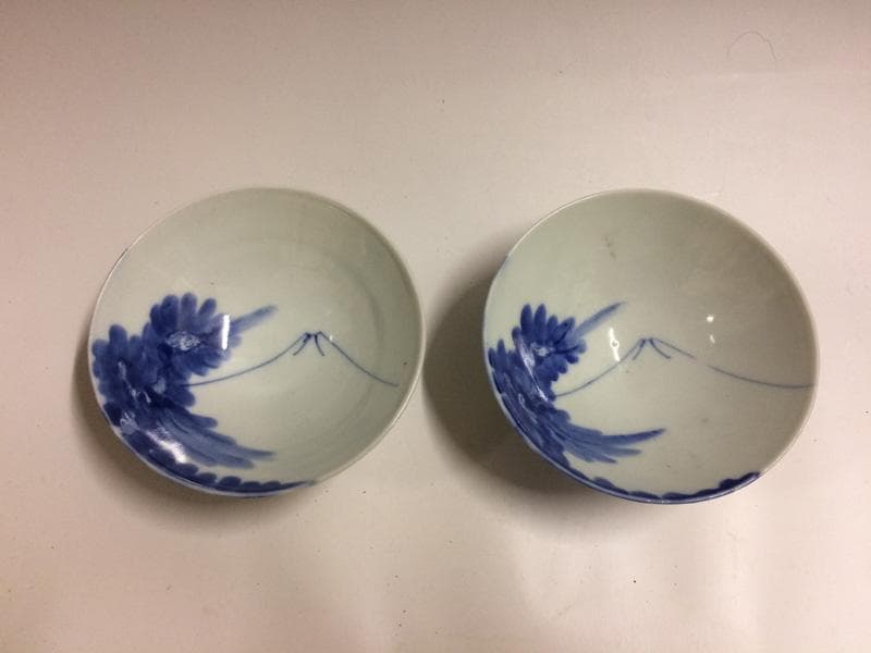 期間限定特価！★昭和レトロ★ 人気！染付手描　龍と富士紋　茶碗　2個 昭和初期