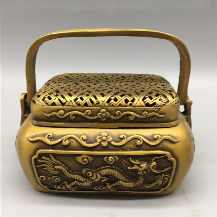 銅器 浮彫騰竜提梁暖手炉 香炉 香具 装飾品 工芸品 置物