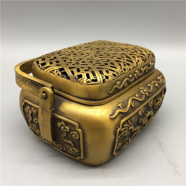 銅器 浮彫騰竜提梁暖手炉 香炉 香具 装飾品 工芸品 置物