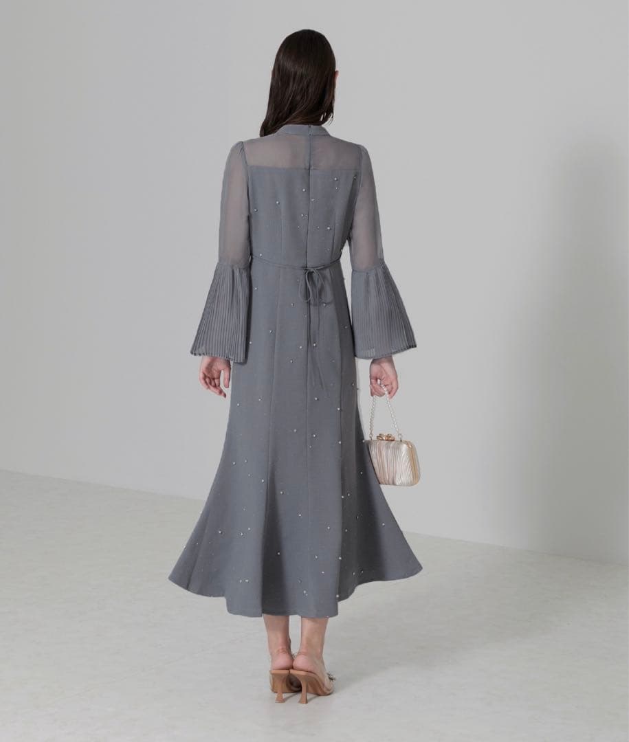 Leja パールビジュー付き透け感プリーツフレアスリーブビーズマーメイドドレス