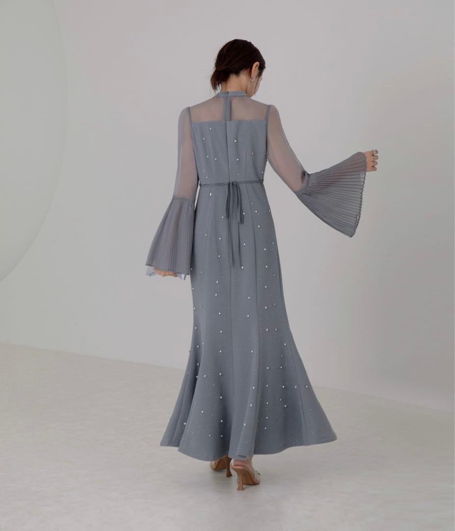 Leja パールビジュー付き透け感プリーツフレアスリーブビーズマーメイドドレス