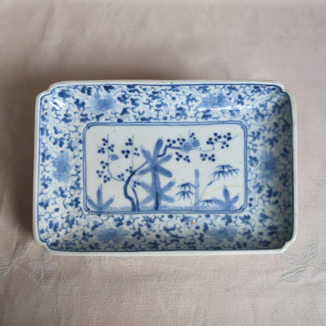 古伊万里 花唐草に松竹梅図 二重角福銘 江戸中期 角皿