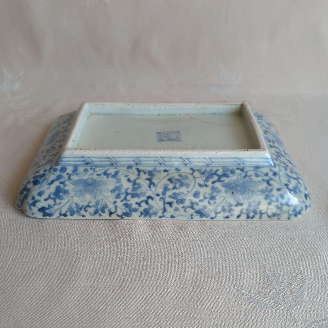 古伊万里 花唐草に松竹梅図 二重角福銘 江戸中期 角皿