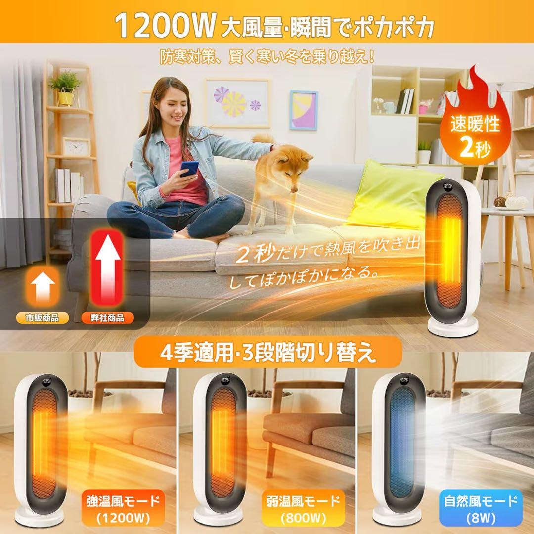 セラミックヒーター 2秒速 暖暖房器具 節電対策 省エネ 1200W 大風量