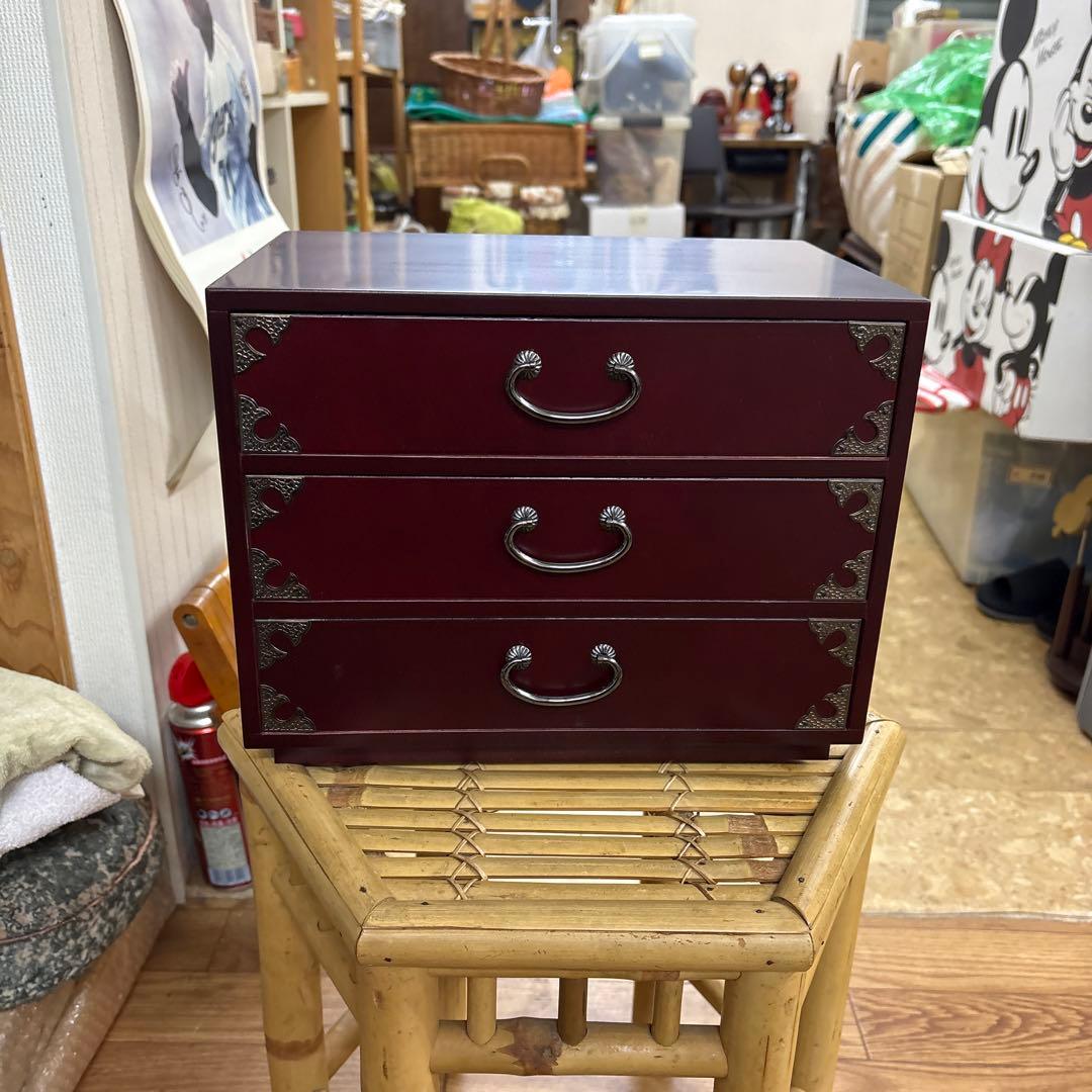 【美品・箱付】仙台箪笥 三ツ引 溜塗（ためぬり） 小物入れ 伝統工芸品