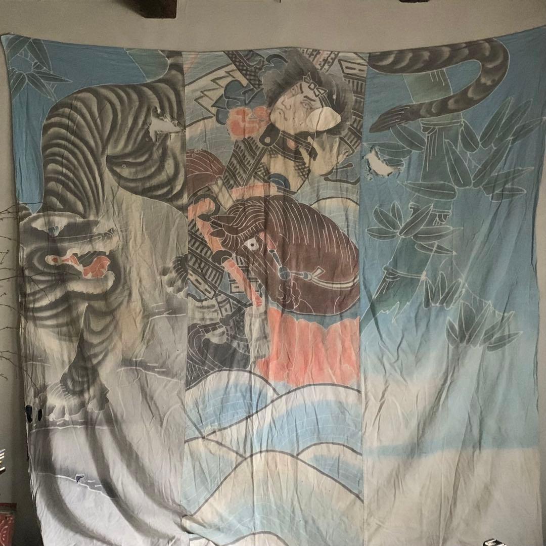 古い 木綿 筒描き 布団皮？ 古布 古道具 アンティーク