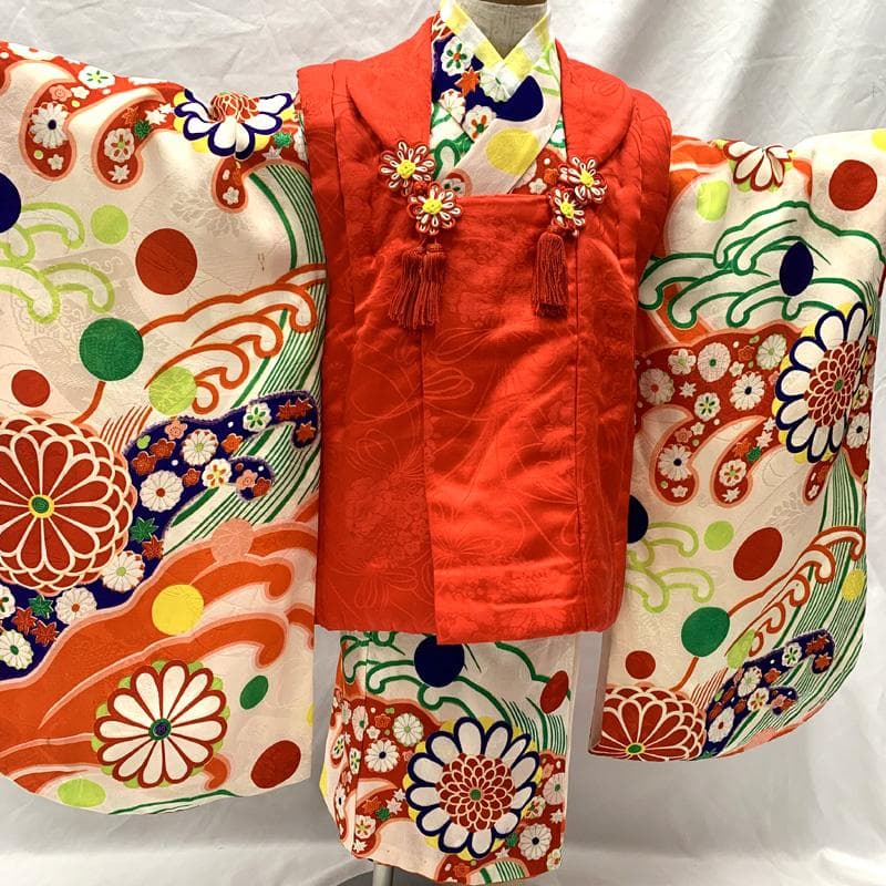 510ag45□七五三 三歳 セミアンティーク 女児 着物&被布 菊 水玉□良好