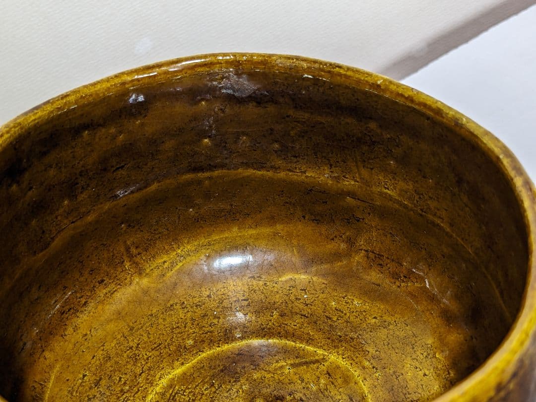 ♦茶道具 京焼 清水焼 二代 吉村楽入作 飴釉 山水図 篦彫り 抹茶碗 骨董品