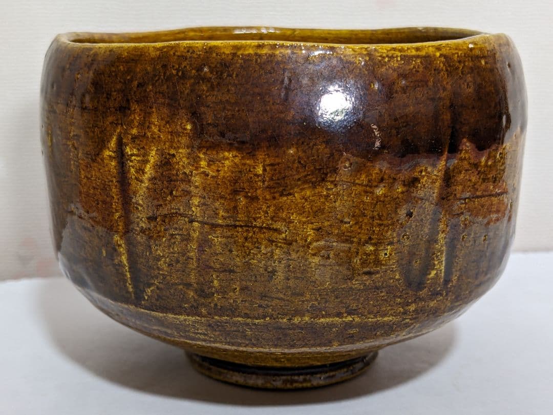 ♦茶道具 京焼 清水焼 二代 吉村楽入作 飴釉 山水図 篦彫り 抹茶碗 骨董品