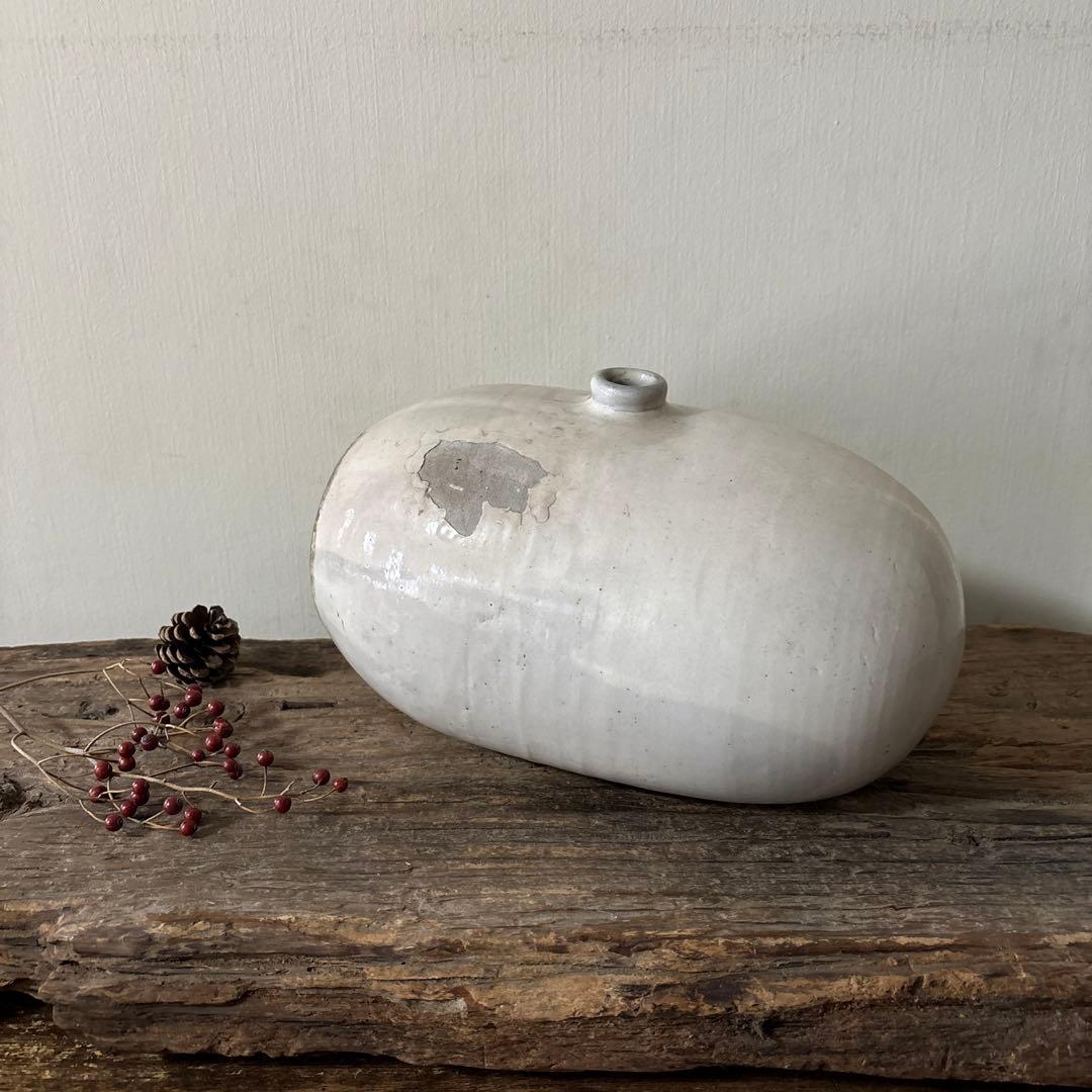 古民藝　平清水焼　灰白釉掛　古道具　アンティーク　花器　骨董　古陶磁　検:李朝