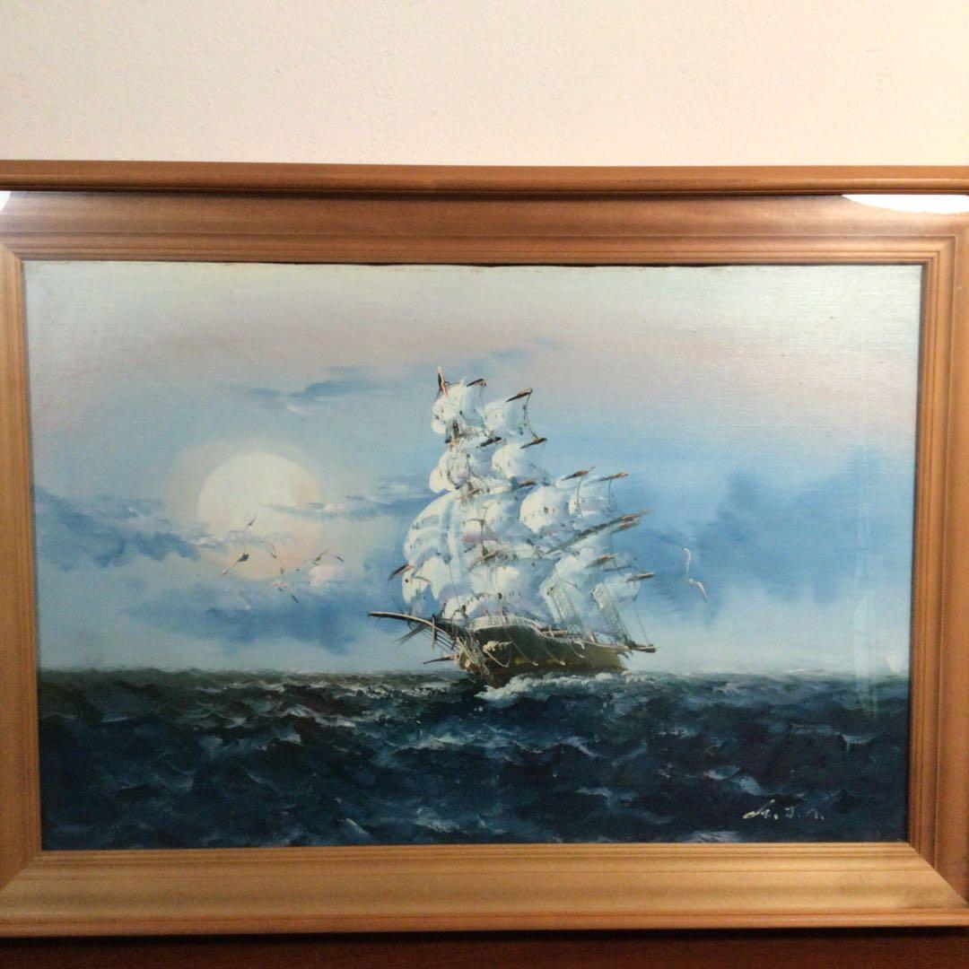 No4800 額装　油彩画　朝日　帆船　直筆サイン　箱付　絵画　美術　送料無料