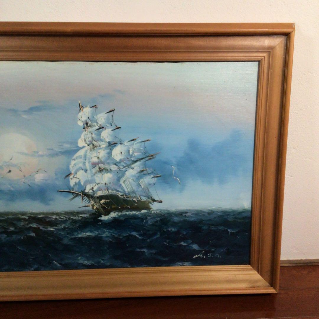 No4800 額装　油彩画　朝日　帆船　直筆サイン　箱付　絵画　美術　送料無料