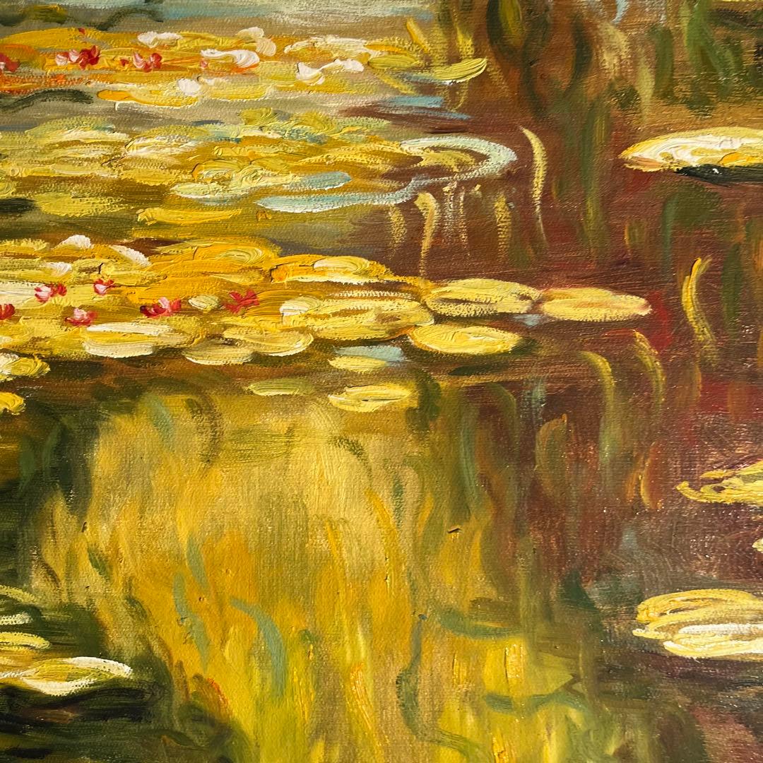 ★特秀作★ 手書き油絵 モネ 睡蓮の池 黄金色(大)額付 絵画 油彩画