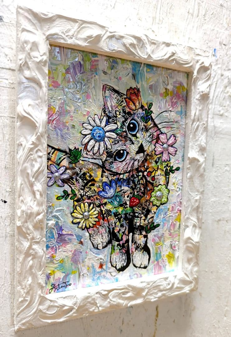 手作り額付き絵画　title「はるうららニャンコ」