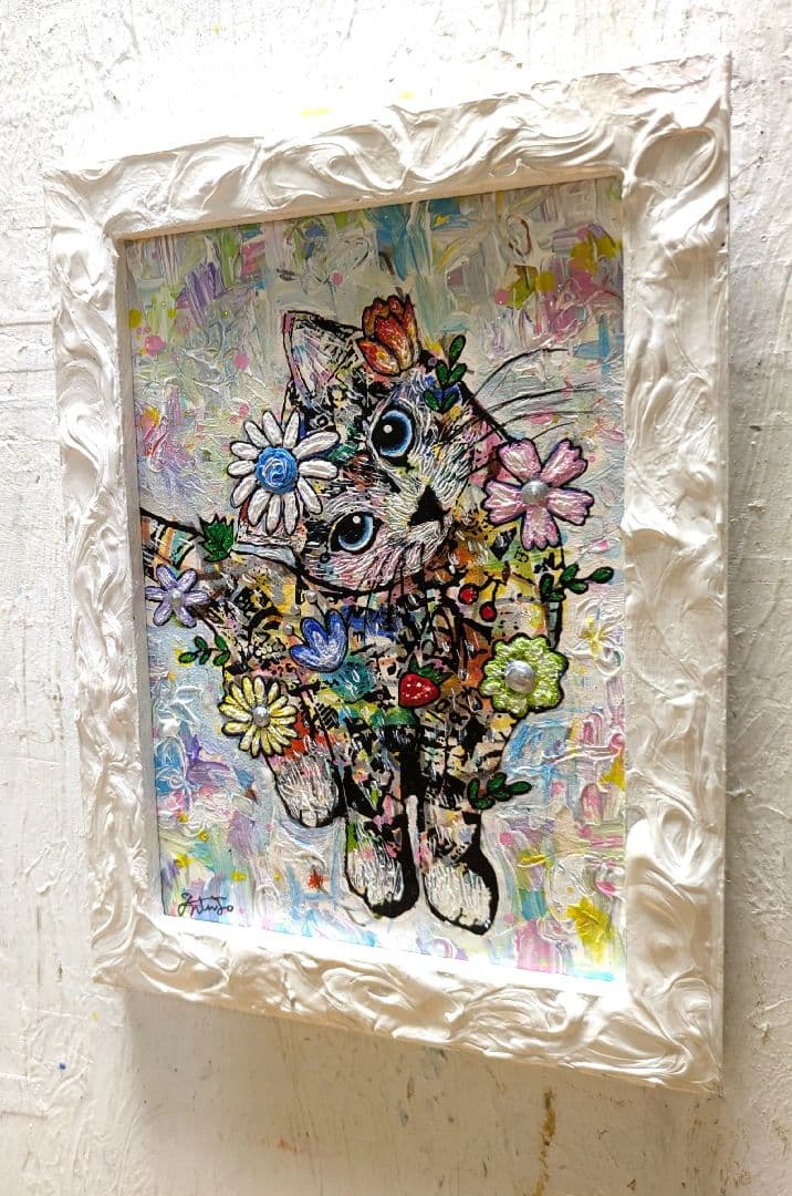 手作り額付き絵画　title「はるうららニャンコ」