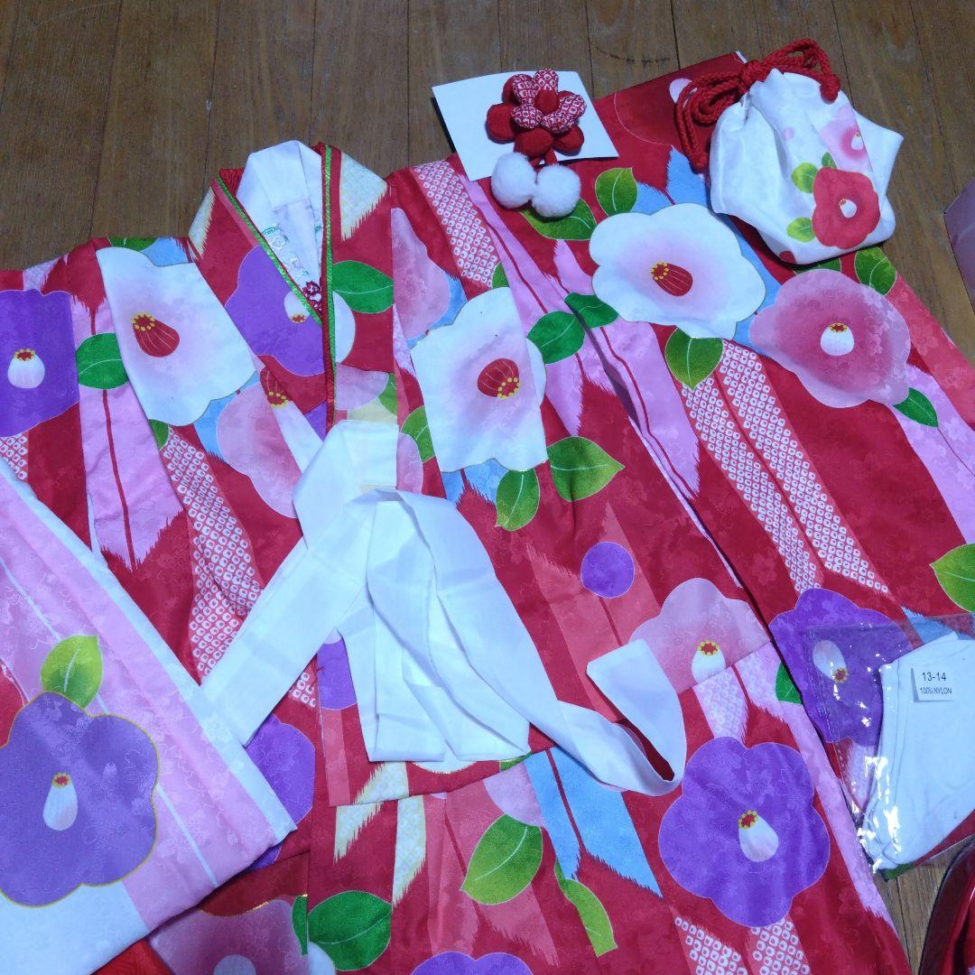 三歳★花ひめ★椿と矢羽根★被布着物小物フルセット★赤ピンク