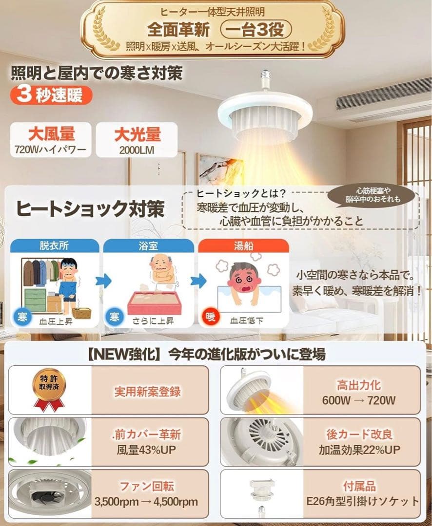 新品 電気ファンヒーター 天井 ライト 脱衣所 速暖 ヒーターライト E26