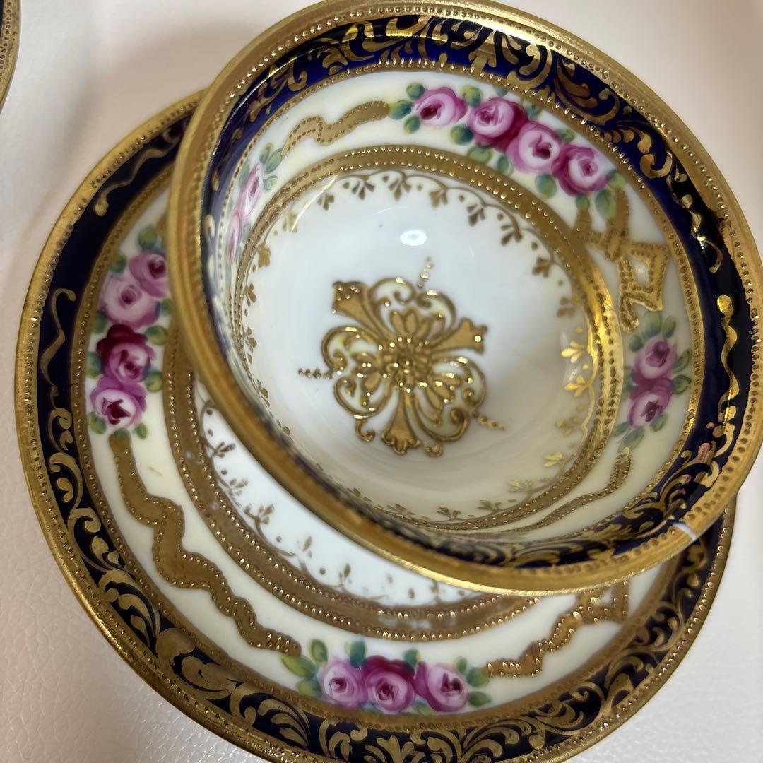 オールドノリタケ 金盛上・コバルト薔薇図紋　カップソーサー2客セット